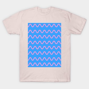 Wavy, Squiggly Lines, Pink on Blue T-Shirt